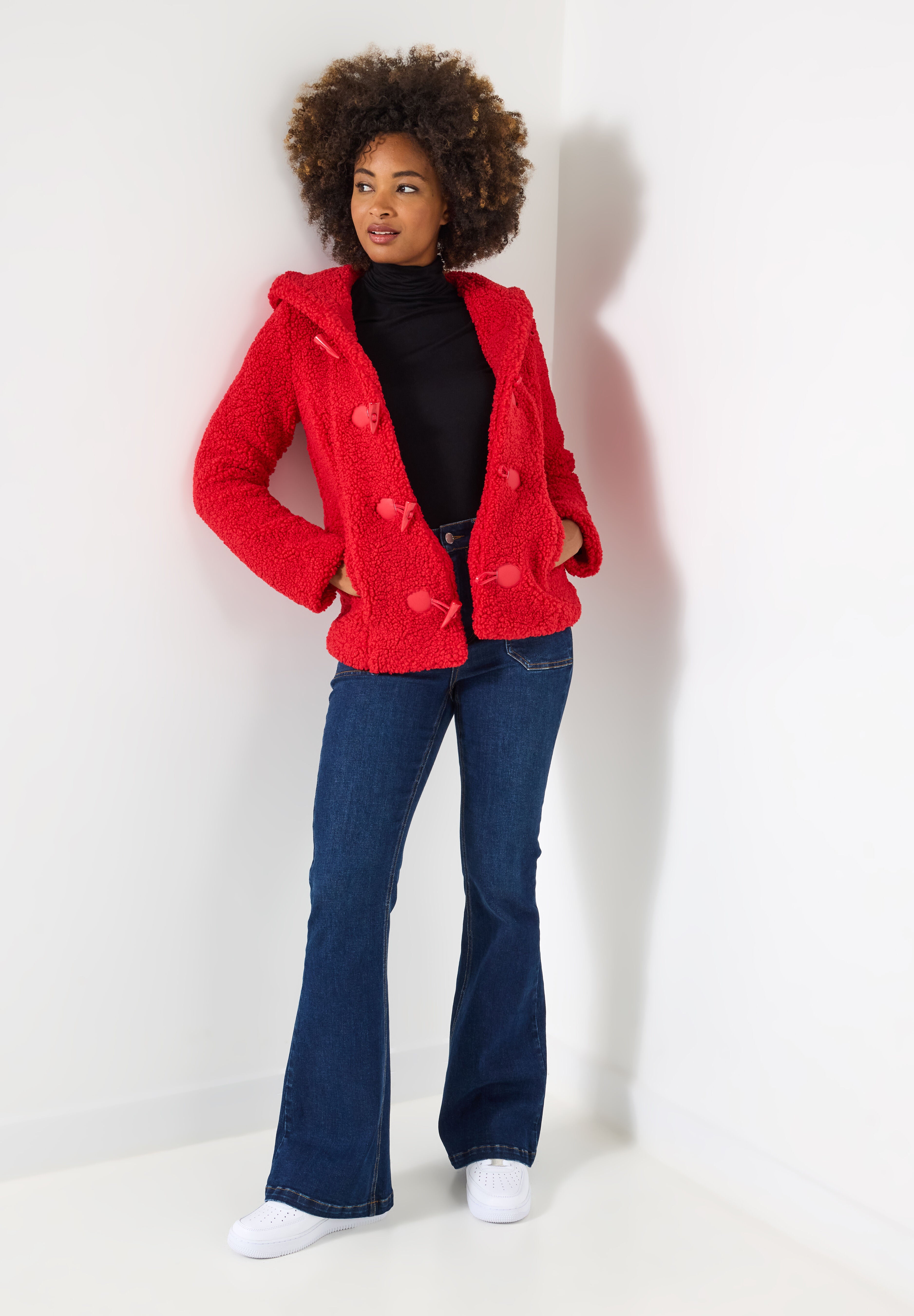 Hooded Sherpa Toggle Jacket, BRIGHT RED, on-hover image number 1