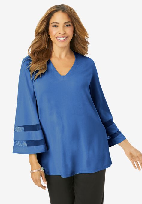 Mesh Inset Sleeve Tunic, TWILIGHT BLUE, hi-res image number null