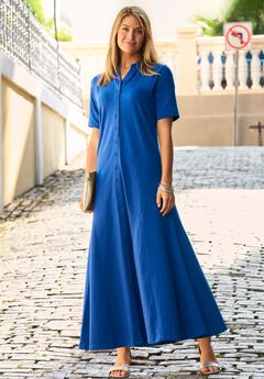 Stretch Cotton Button Front Maxi Dress