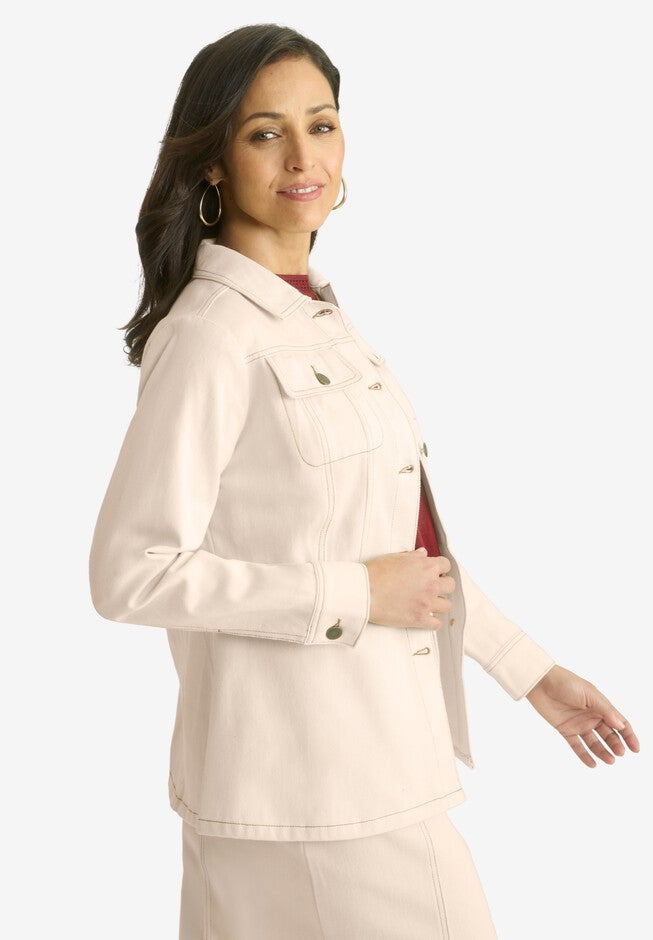 Contrast Stitch Peplum Denim Jacket, OATMEAL, alternate image number 2