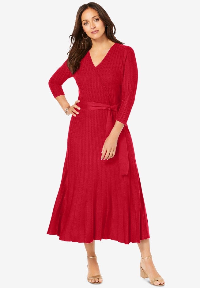 Pullover Wrap Sweater Dress - Midi Length, Classic Red | Woman Within Pullover Wrap Sweater Dress - Midi Length, Classic Red | Woman Within
