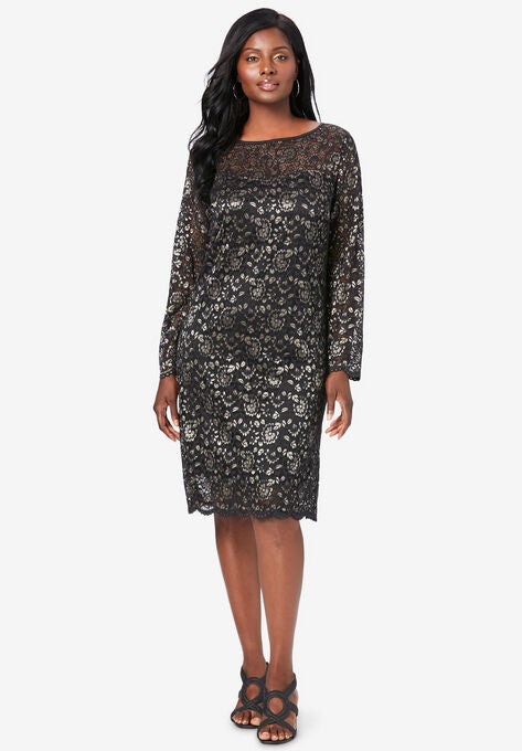 Lace Shift Dress, BLACK METALLIC, hi-res image number null