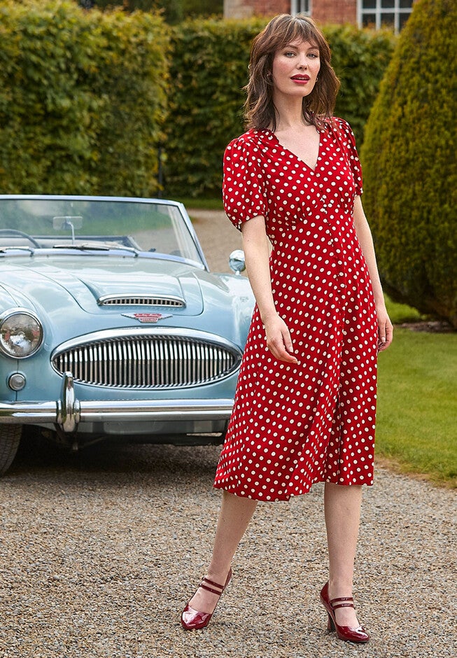 Retro Button-Front Knee-Length Dress, RETRO DOT, alternate image number null