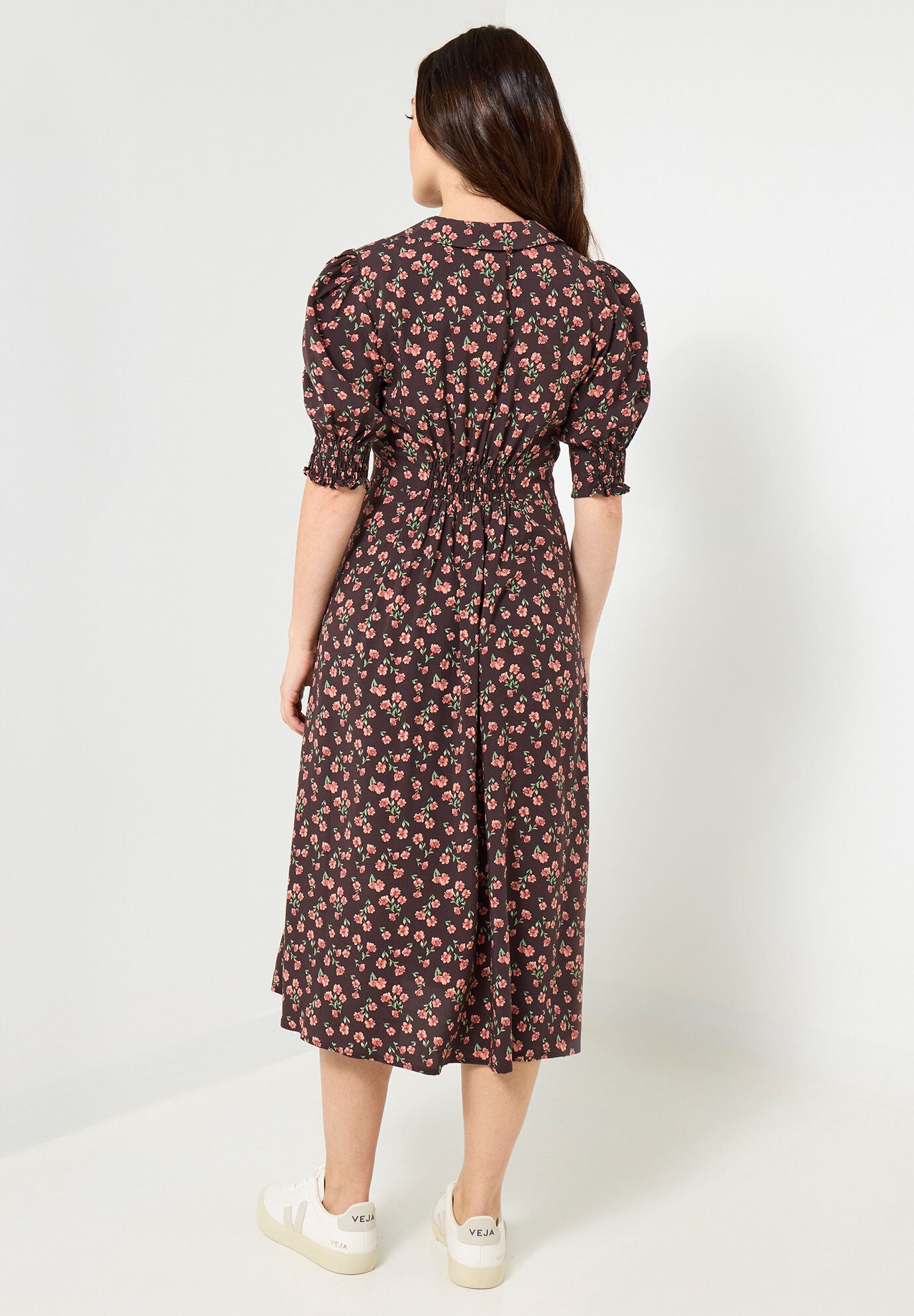 Puff Sleeve Midi Dress, ESPRESSO DITSY FLORAL, on-hover image number 1