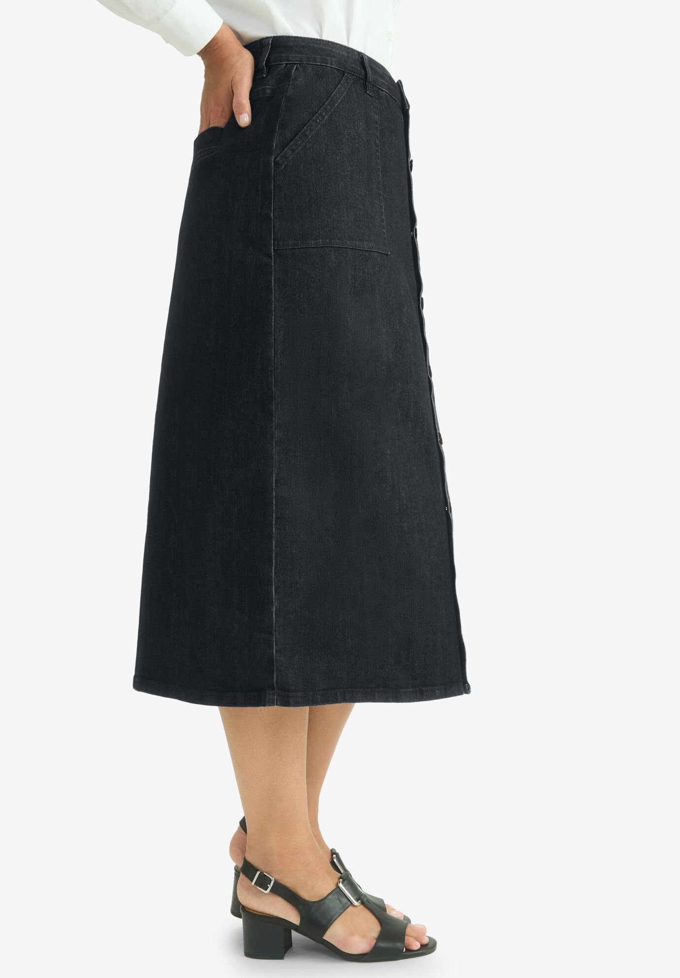 True Fit Button-Front Midi Skirt, BLACK, alternate image number 2