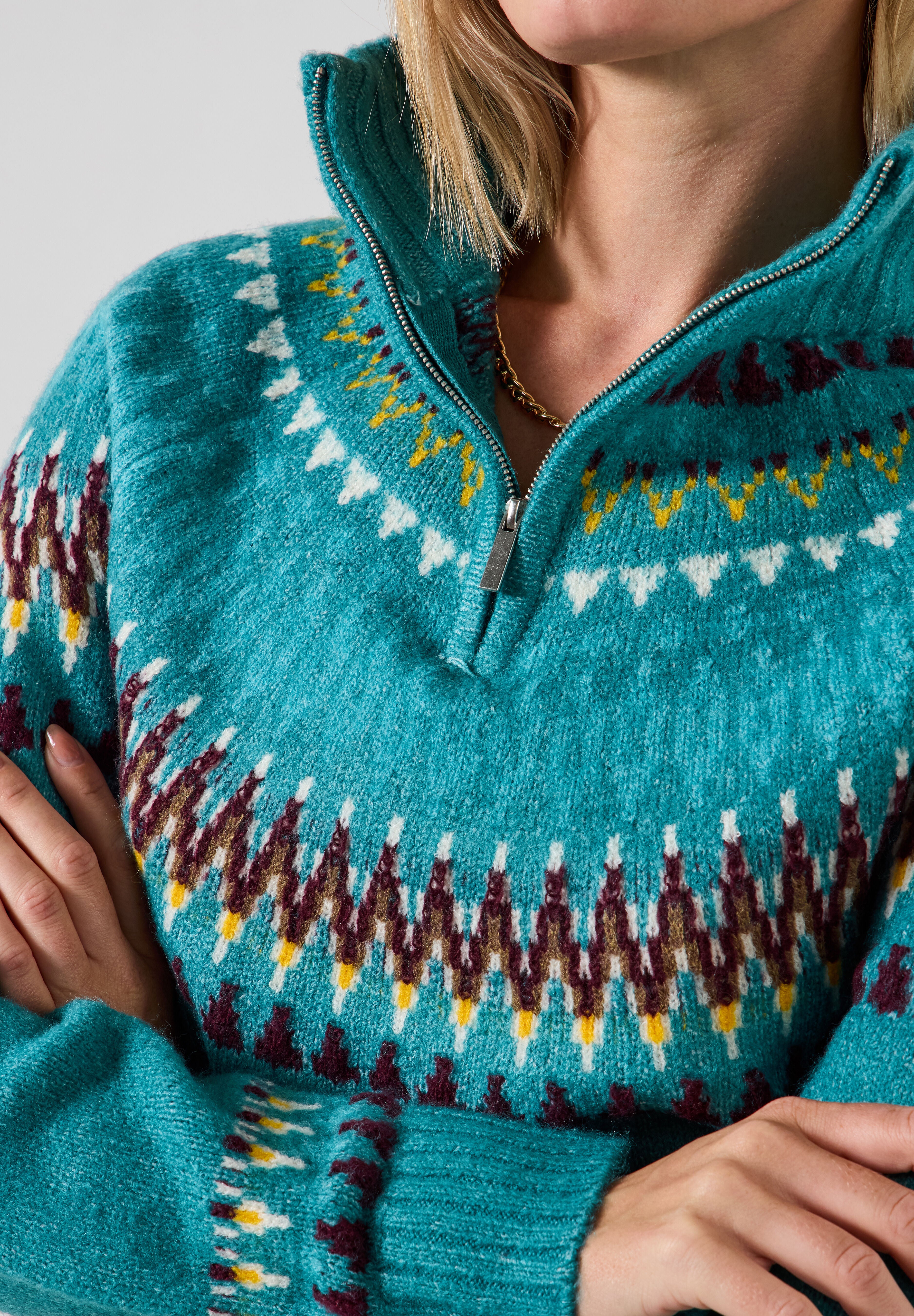 Fair Isle Quarter Zip Sweater, TEAL FAIRISLE, alternate image number 2