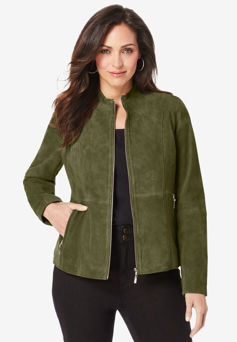 Suede Zip-Front Jacket, DARK OLIVE GREEN, hi-res image number null