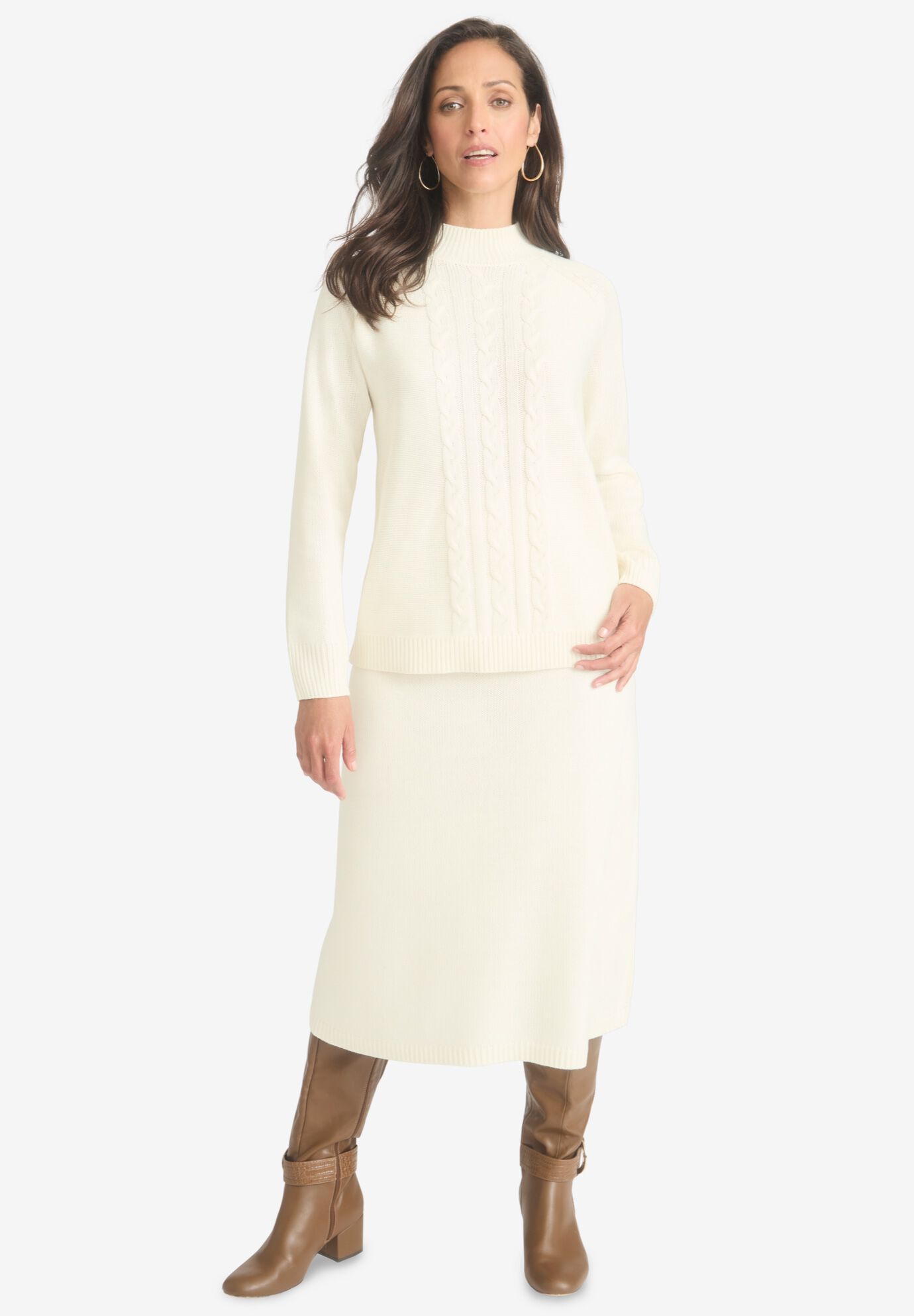 2PC MOCK NECK SWEATER SKIRT SET, IVORY, hi-res image number 0