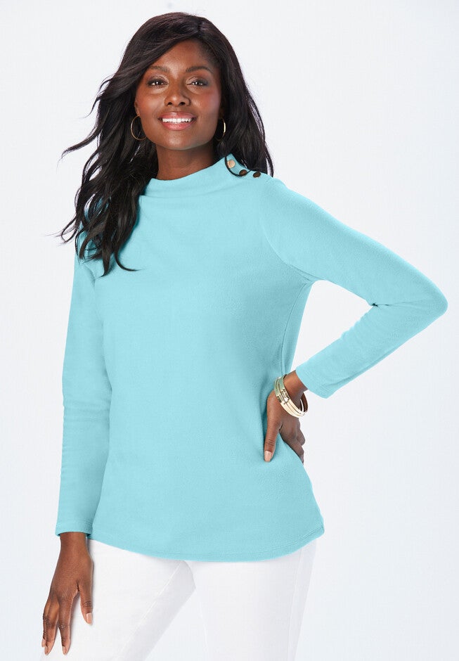 Fleece Funnel Neck Top, LIGHT AQUA, hi-res image number 0