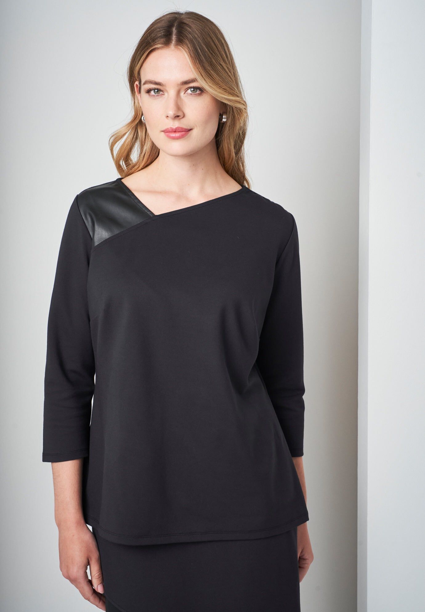 Mixed Media Ponte Faux Leather Top, BLACK, hi-res image number 0