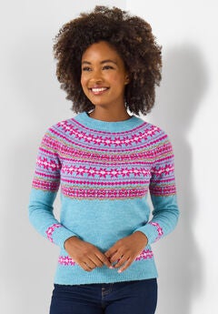 Fair Isle Rib Trim Crewneck Pullover