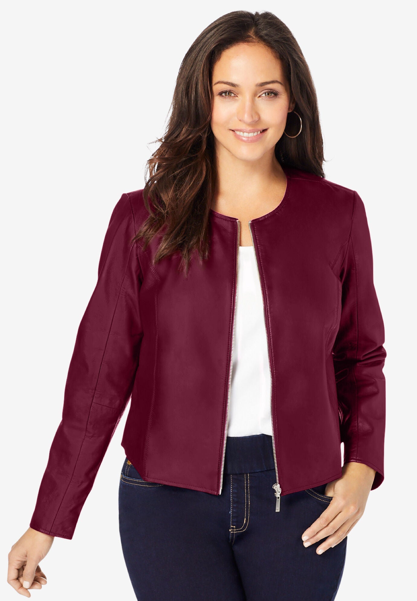 Womens leather store collarless jacket