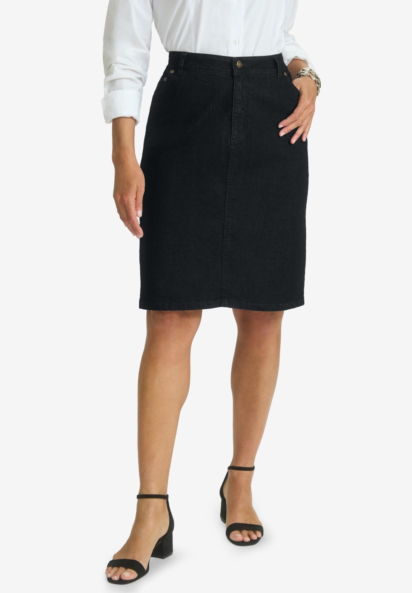 Black short denim skirt with white stitch