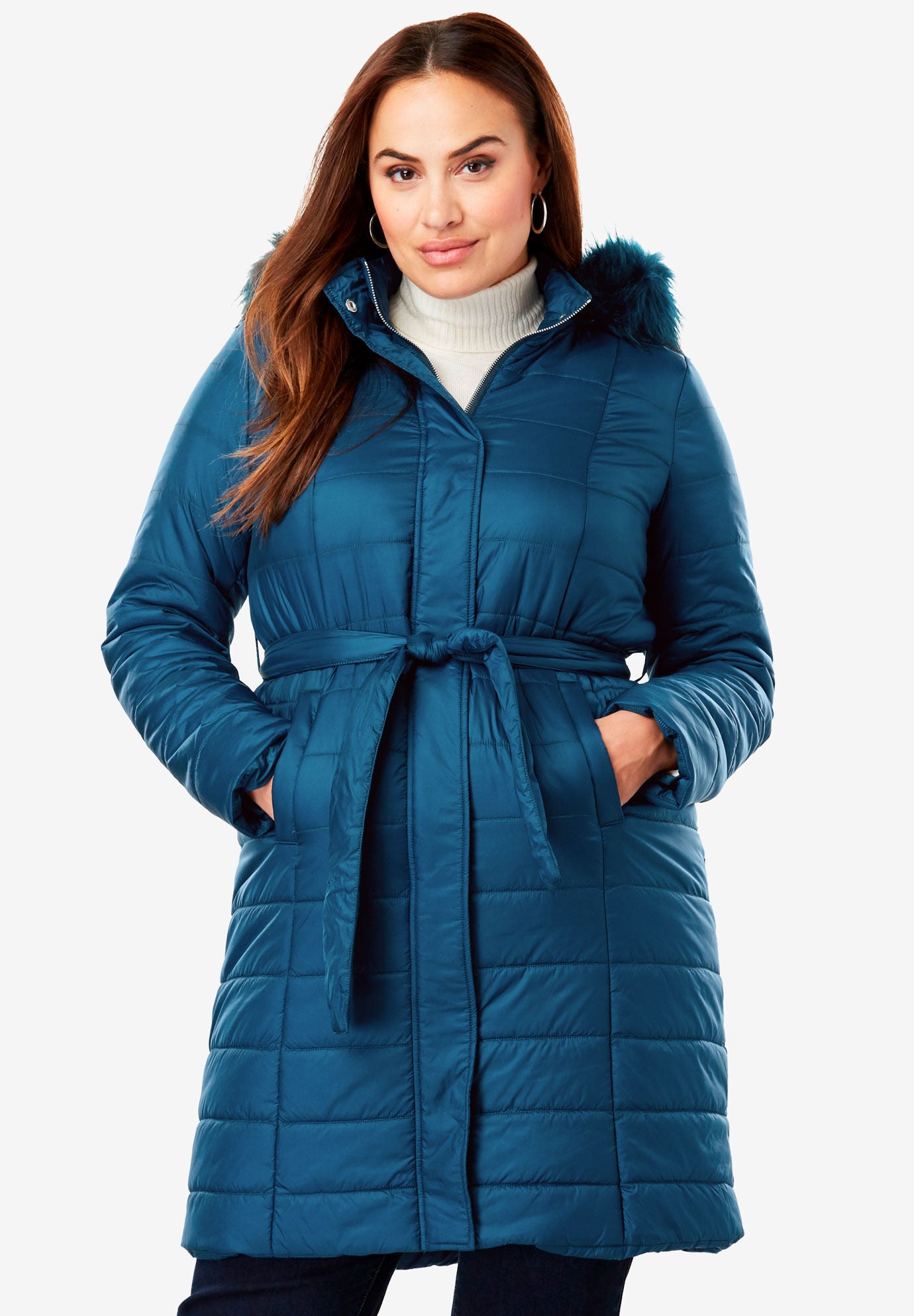 Puffer coat with tie belt clearance