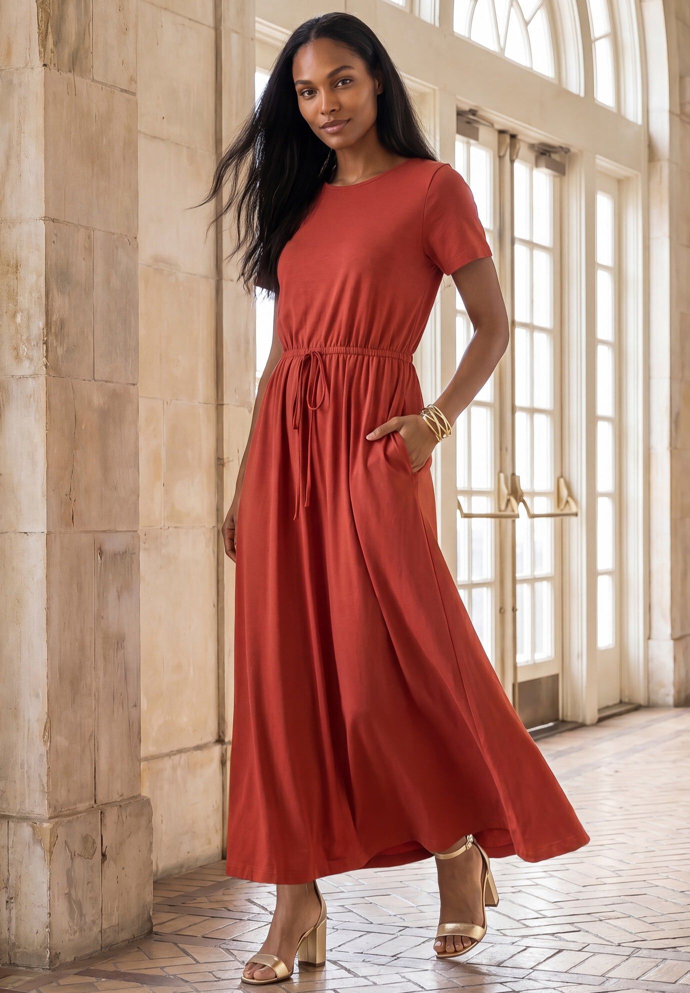 Stretch Cotton Drawstring Maxi Dress, BURNT RED, hi-res image number 0
