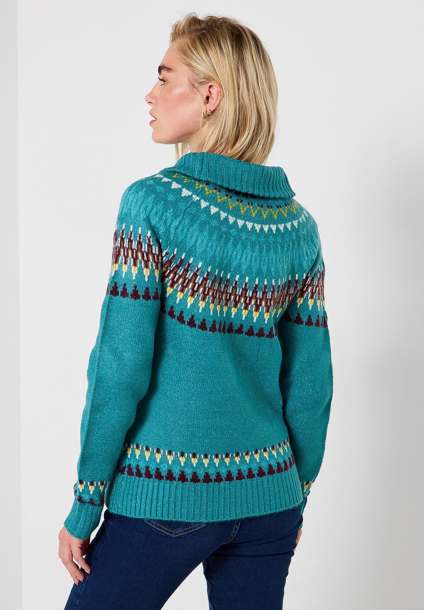Fair Isle Quarter Zip Sweater, TEAL FAIRISLE, alternate image number 3