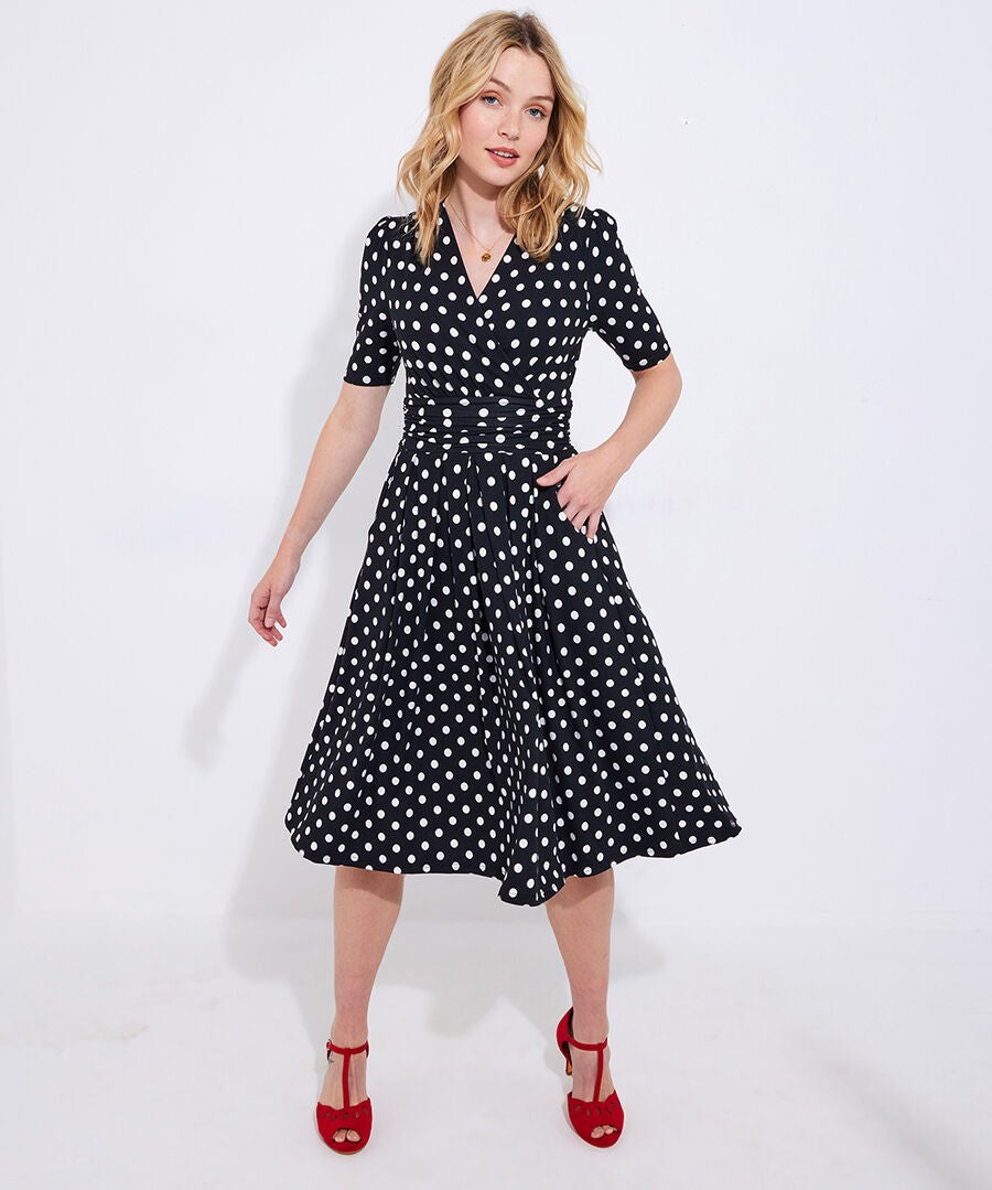 Stretch Knit Wrap Midi Dress, WHITE POLKA DOT, alternate image number 2