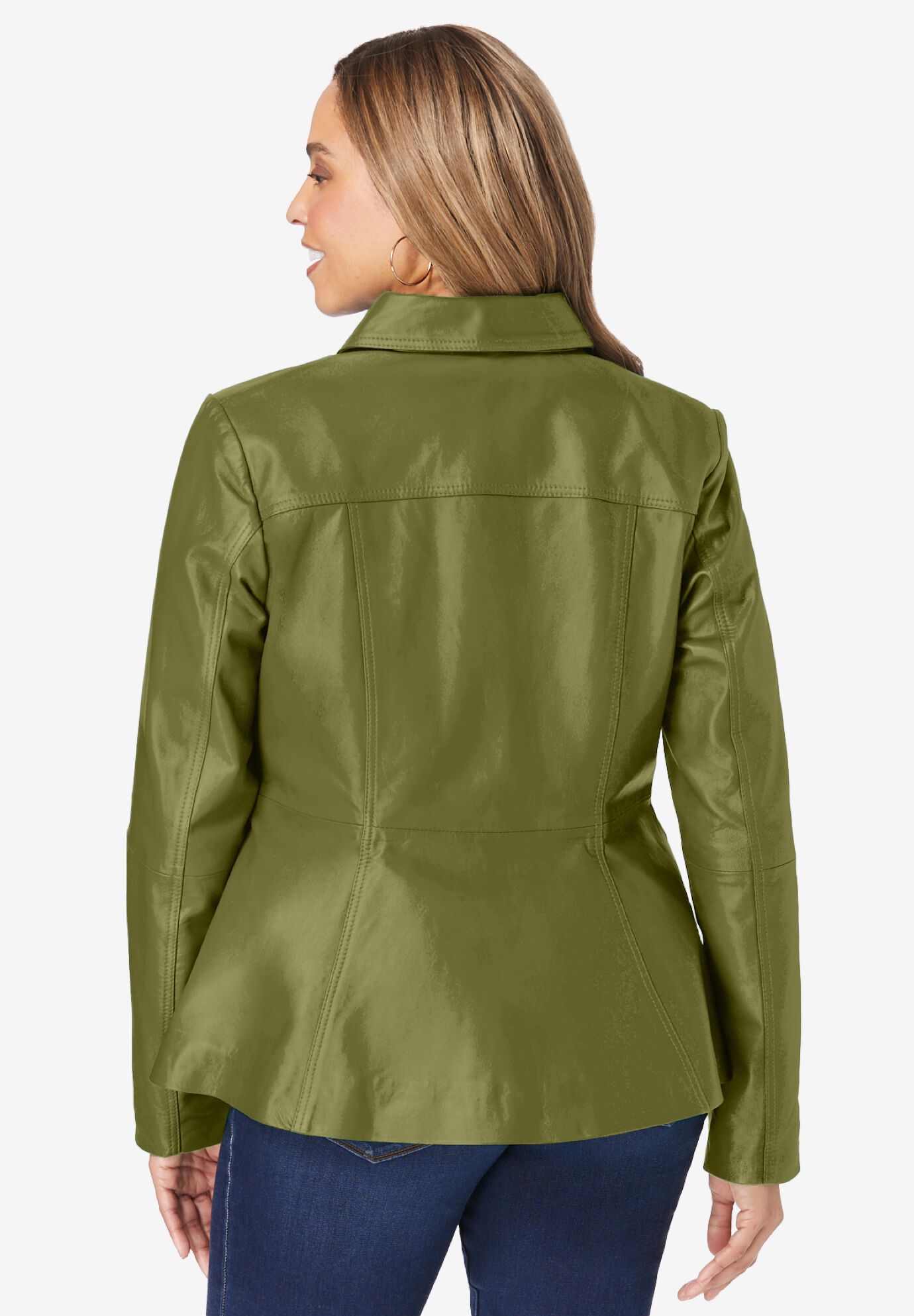 Leather Peplum Jacket, MOSS GREEN, on-hover image number 1
