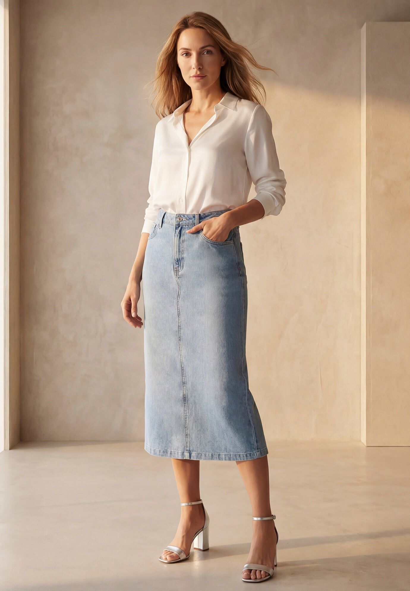 Classic Cotton Denim Midi Skirt, LIGHT WASH, hi-res image number 0
