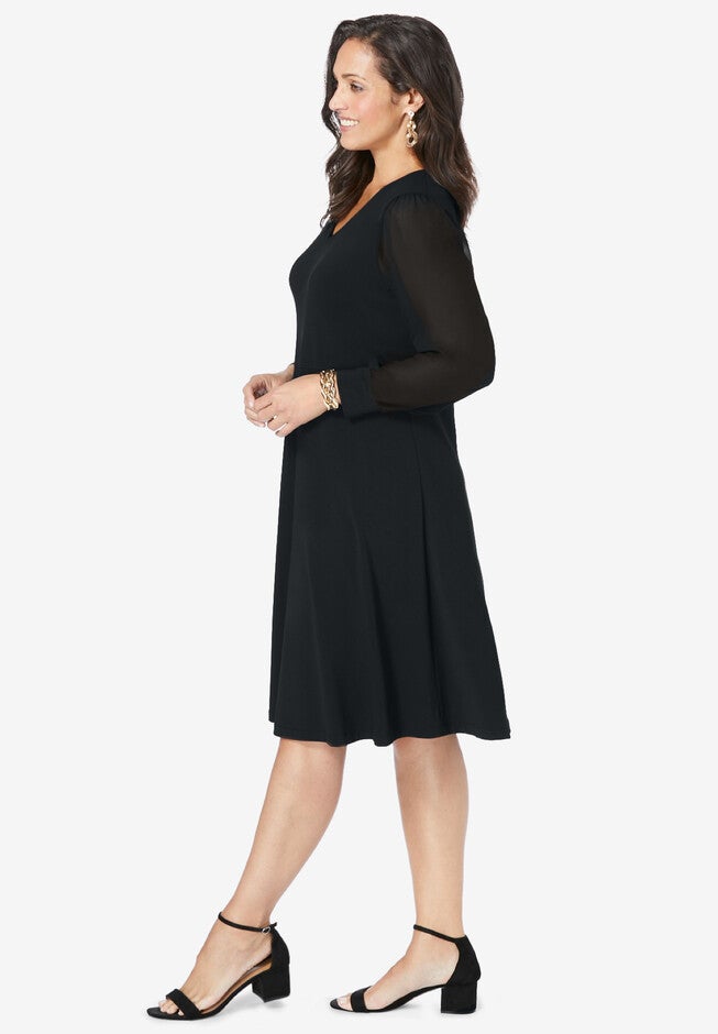 V-Neck Illusion Sleeve Dress, , alternate image number null