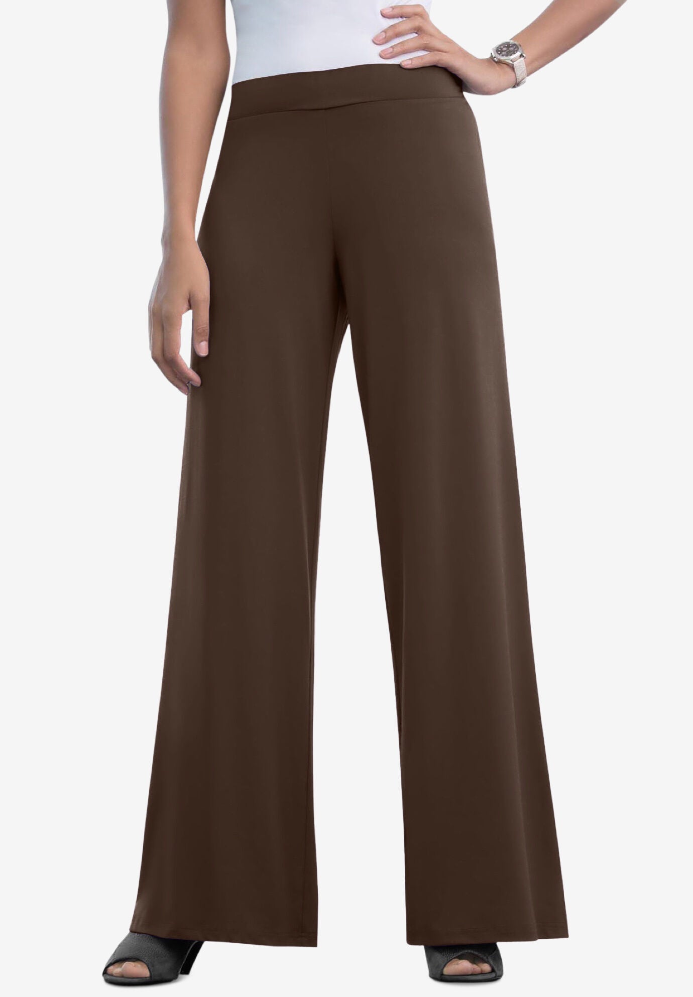 Wide Leg Stretch Knit Pull On Pants Chocolate