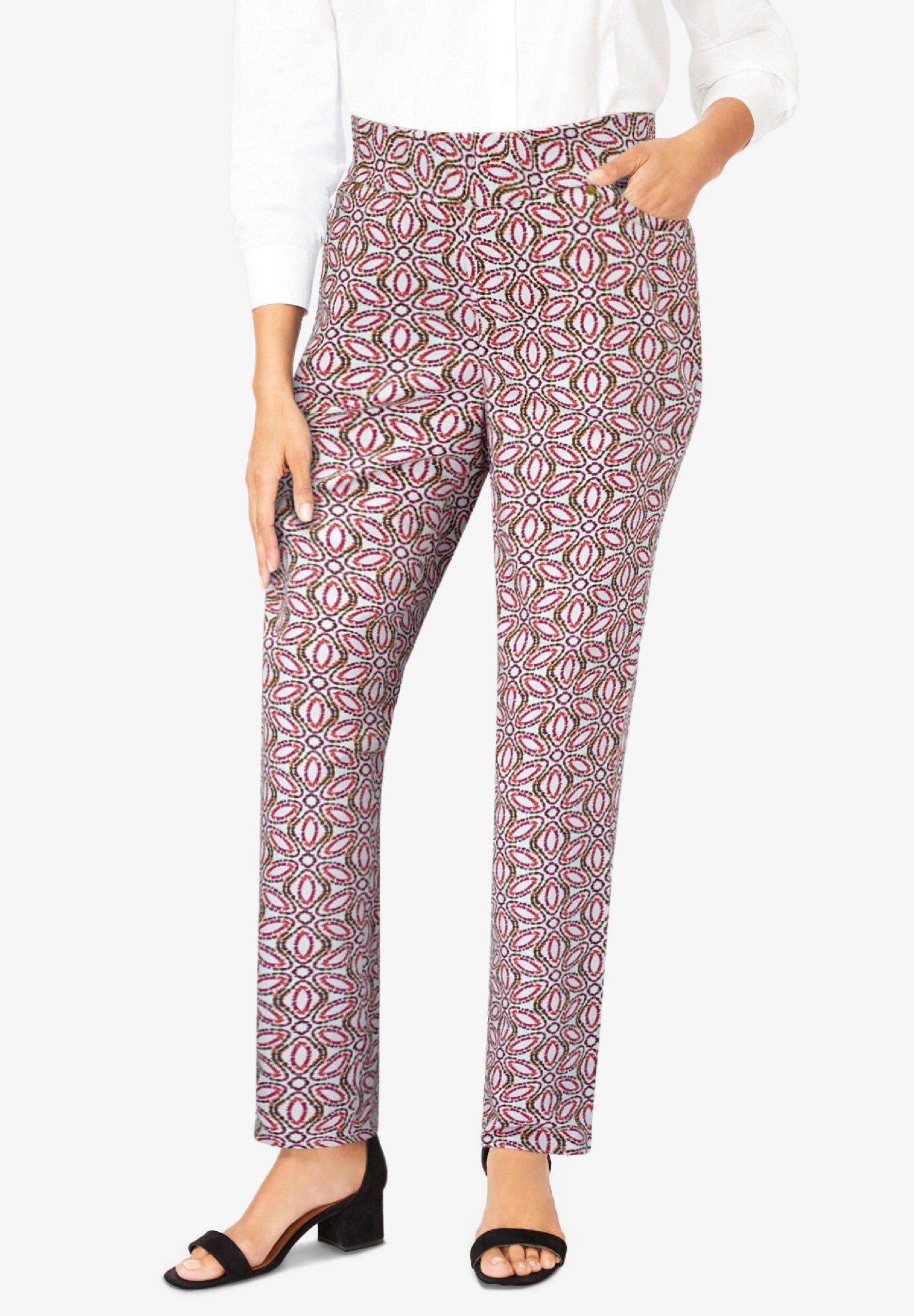 Comfort Waist Stretch Denim Straight-Leg Jean, RASPBERRY MOSAIC FLOWER, hi-res image number 0