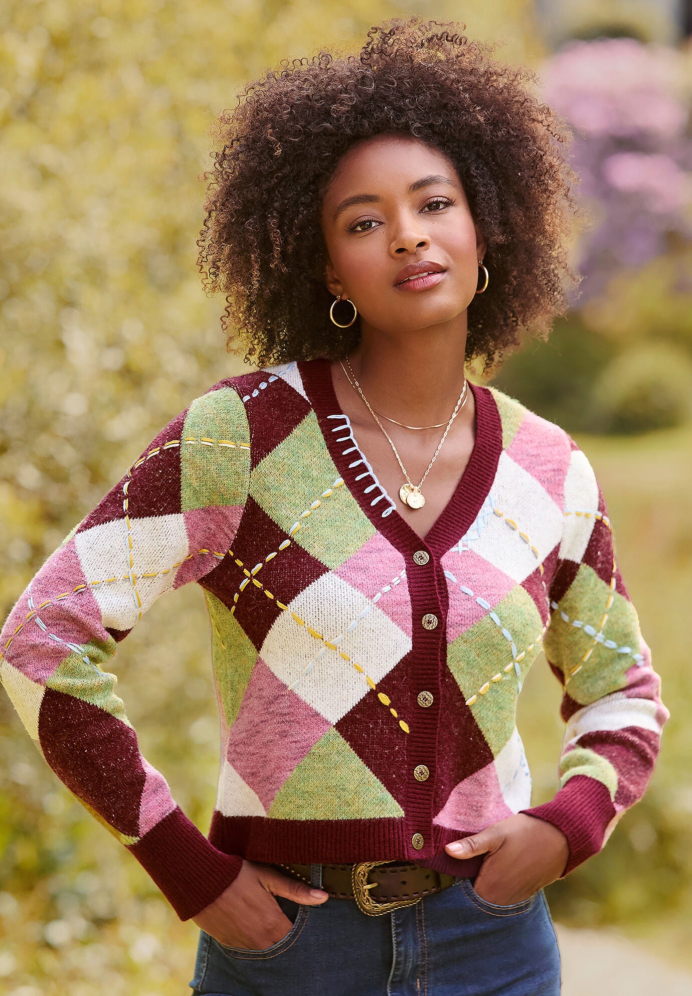 Argyle Cardigan, MULTI STITCH ARGYLE, hi-res image number 0