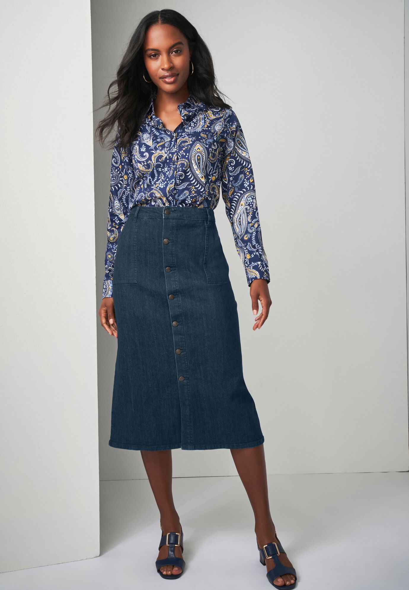 True Fit Button-Front Midi Skirt, , alternate image number 3