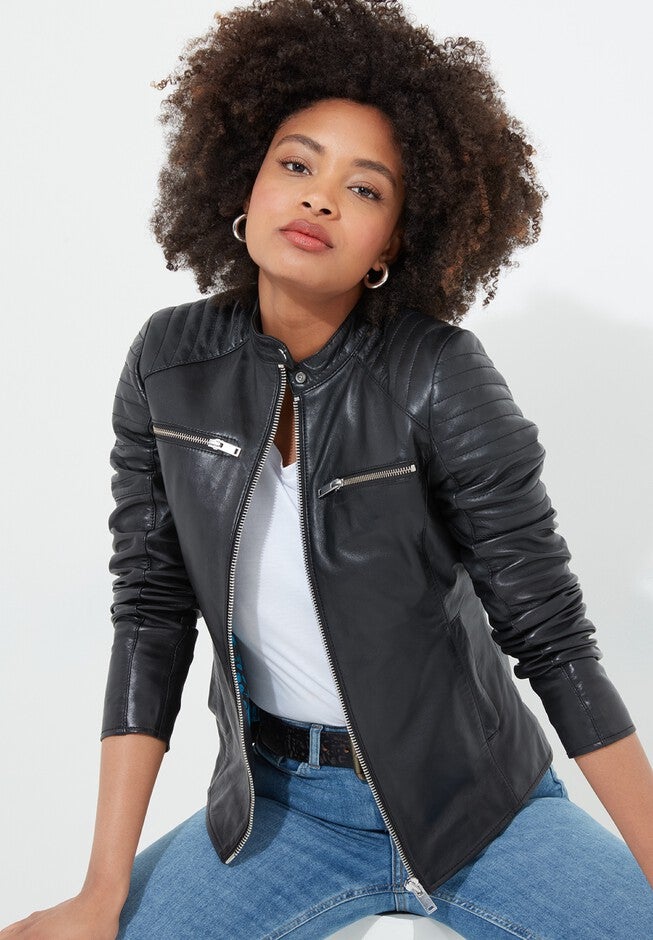 Leather Zip Biker Jacket, BLACK, hi-res image number null