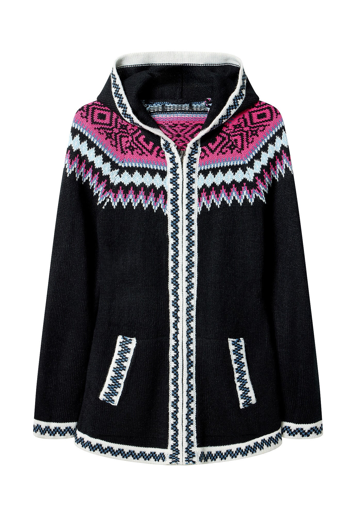 Fair Isle Drawstring V-Neck Zip Hoodie, BLACK FAIRISLE, alternate image number 4