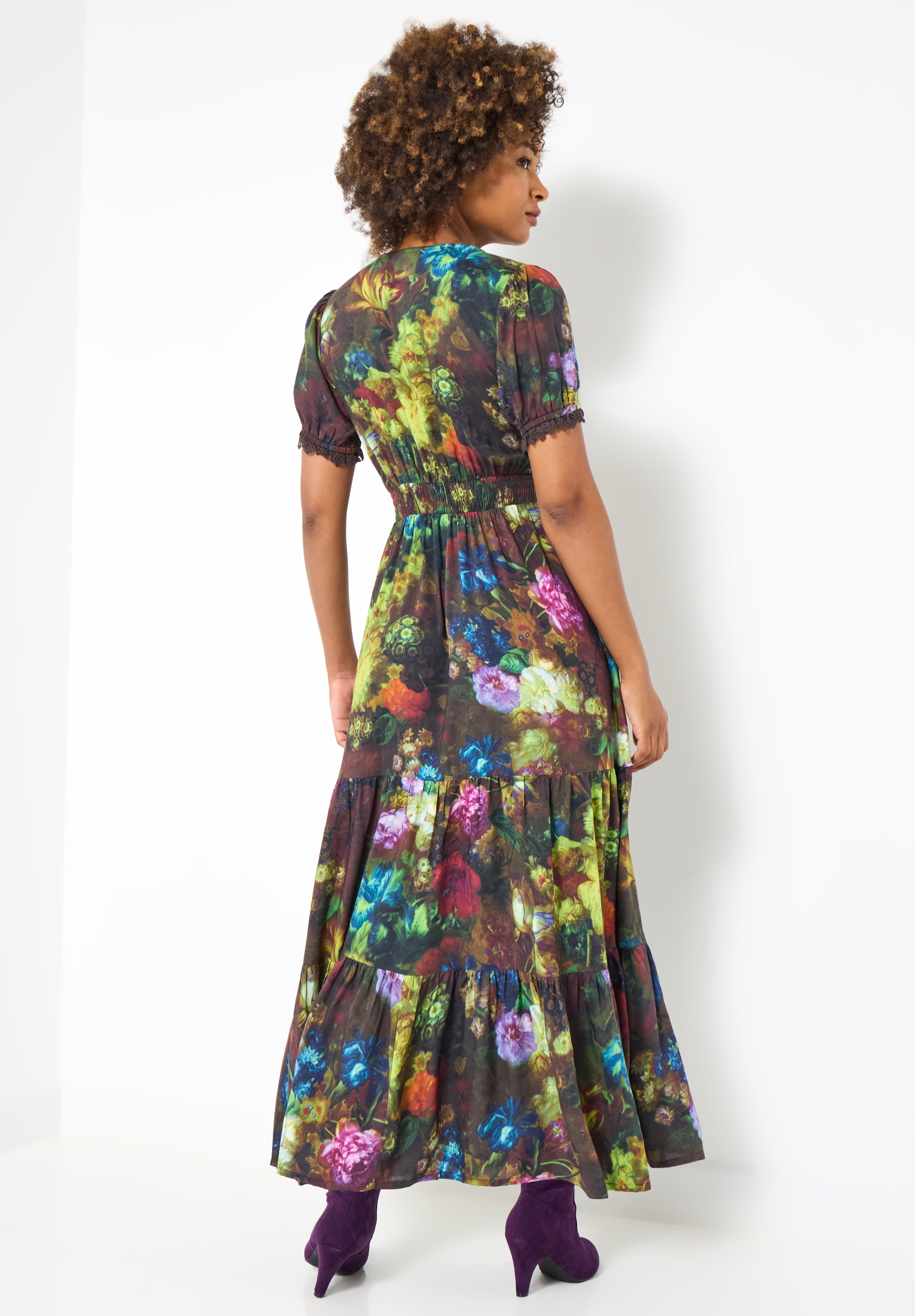 V-Neck Tiered Midi Dress, BAROQUE MULTI GARDEN, alternate image number 3