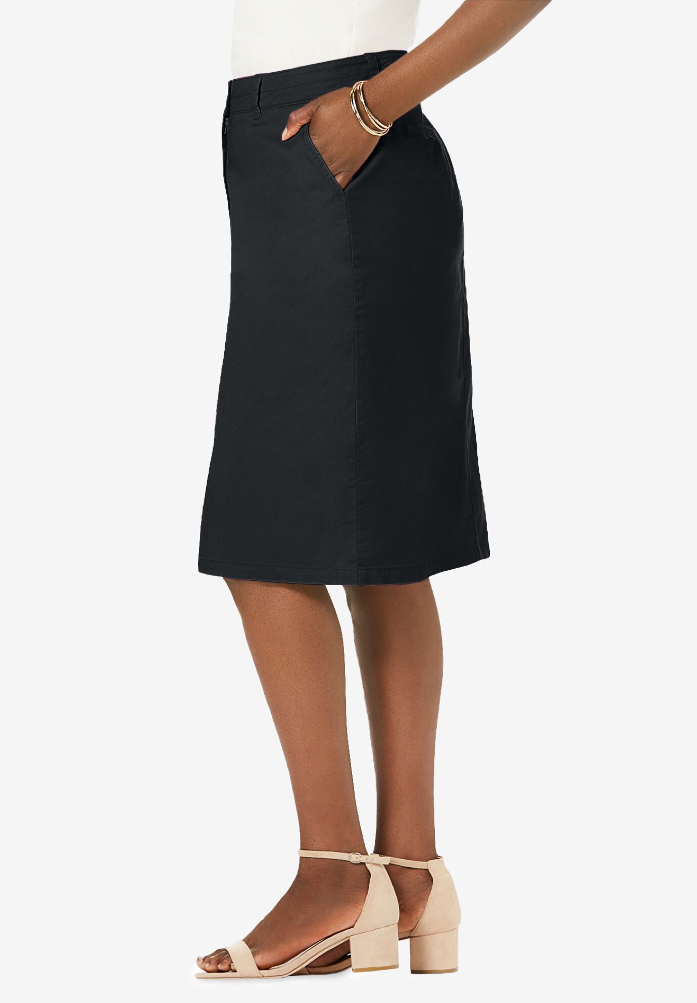 Stretch Cotton Chino Skirt, BLACK, alternate image number 3