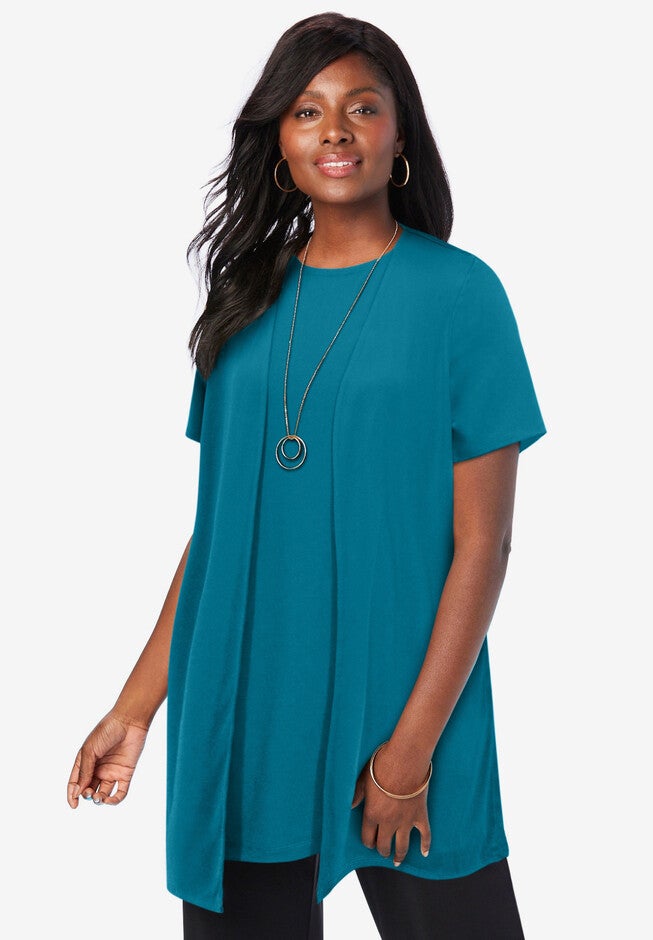 Knit Collarless Topper, DEEP TEAL, hi-res image number 0