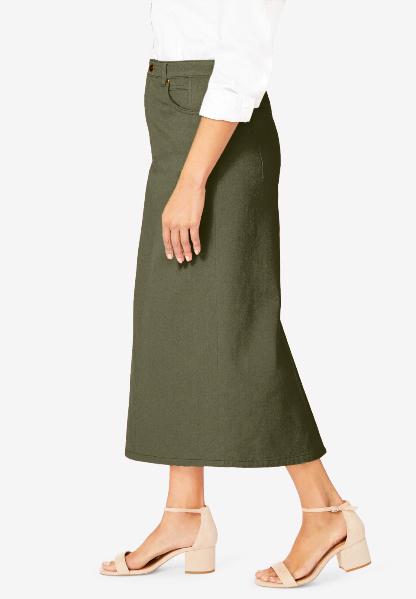 Classic Cotton Denim Midi Skirt, DARK OLIVE GREEN, alternate image number 3