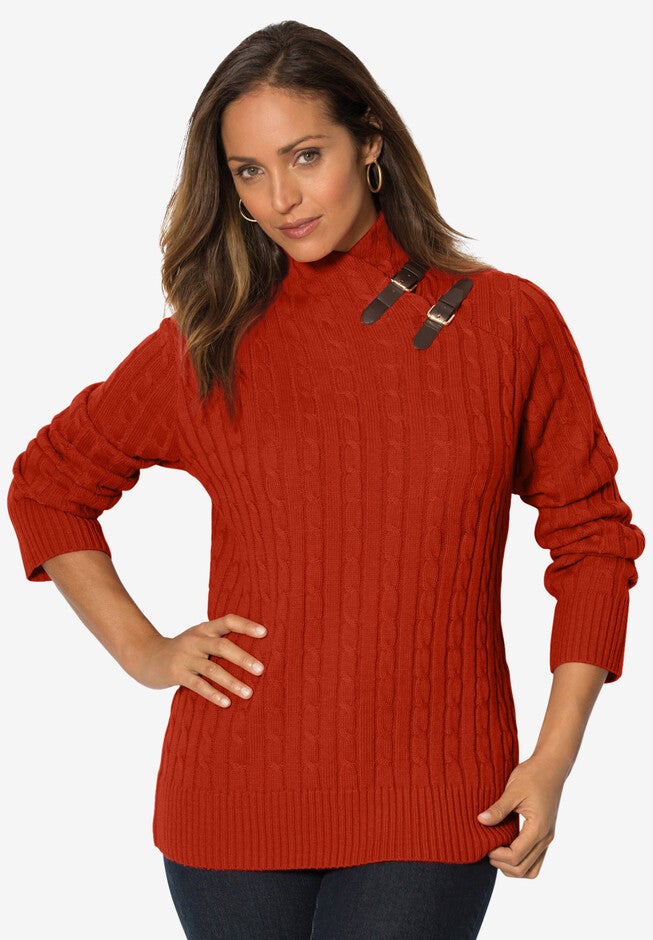 Buckle-Trim Turtleneck, COPPER RED, hi-res image number null