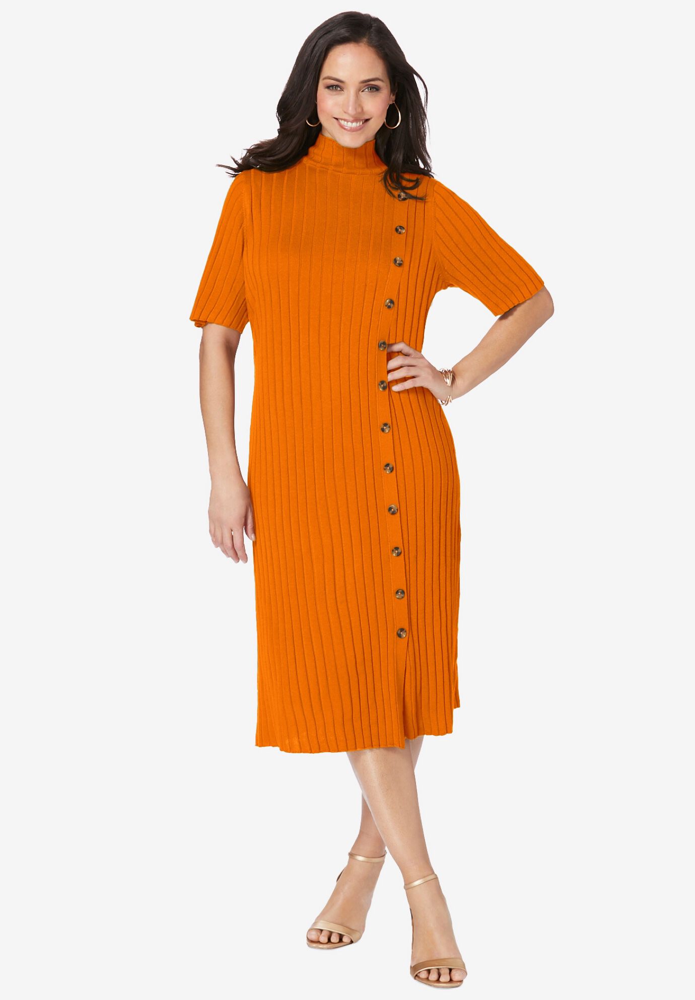 Button Front Sweater Dress Midi Length, Ultra Orange Woman Within