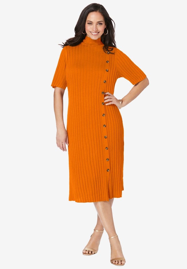 Button Front Sweater Dress Midi Length, Ultra Orange Woman Within