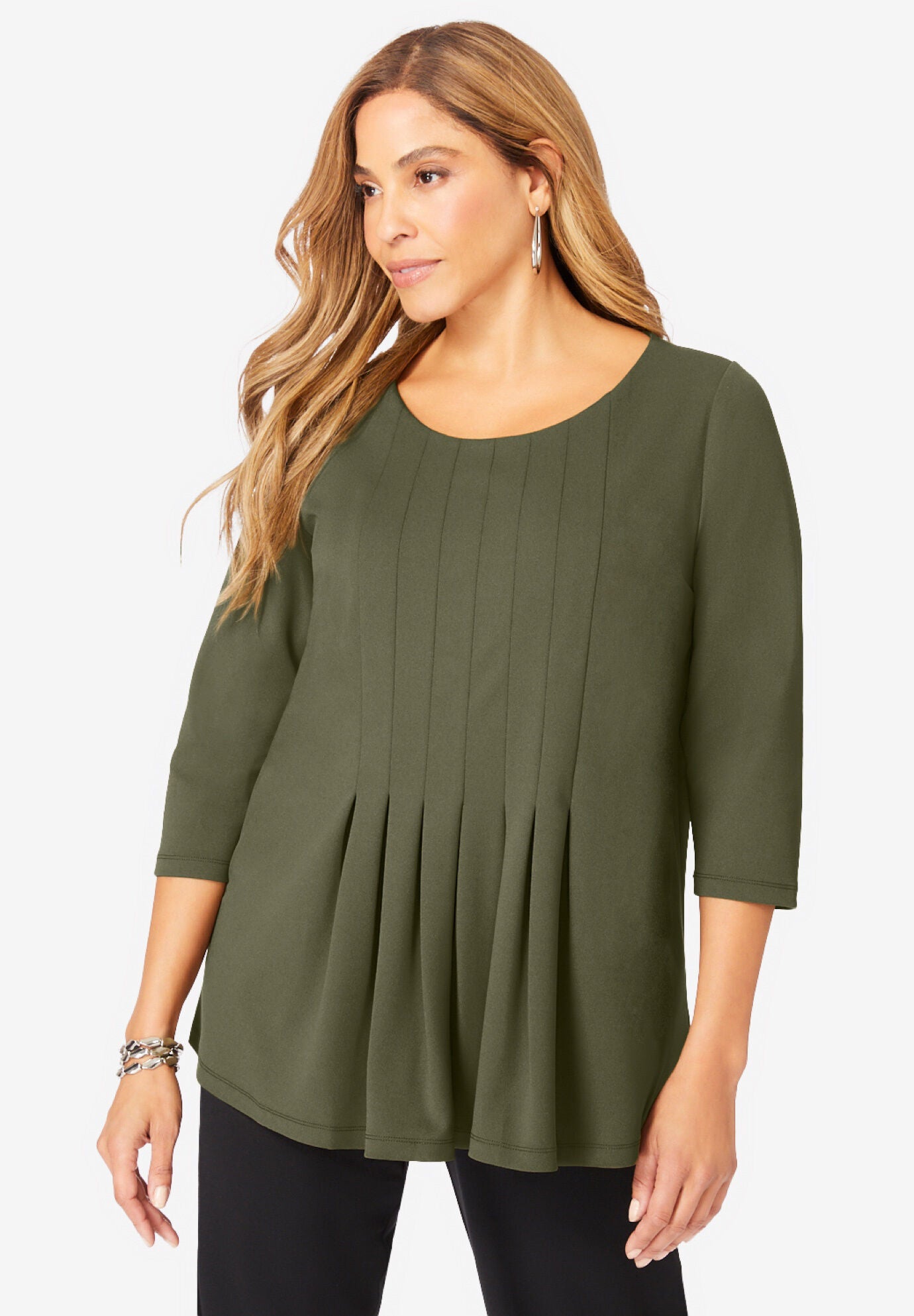 Boatneck Pleated Tunic, DARK OLIVE GREEN, hi-res image number 0