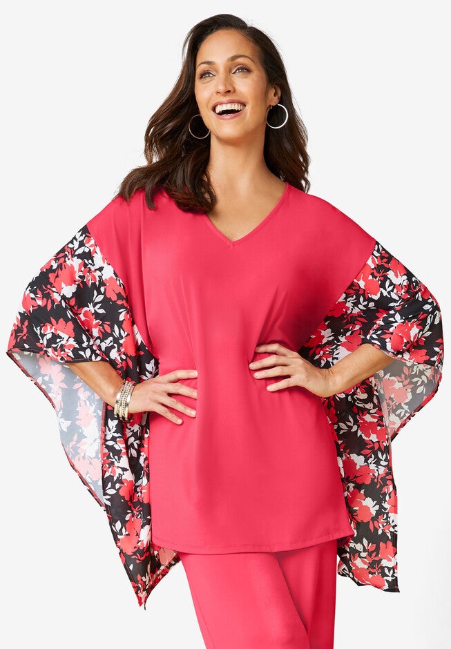 Scarf Sleeve Tunic, VIBRANT WATERMELON SHADOW BOUQUET, hi-res image number 0