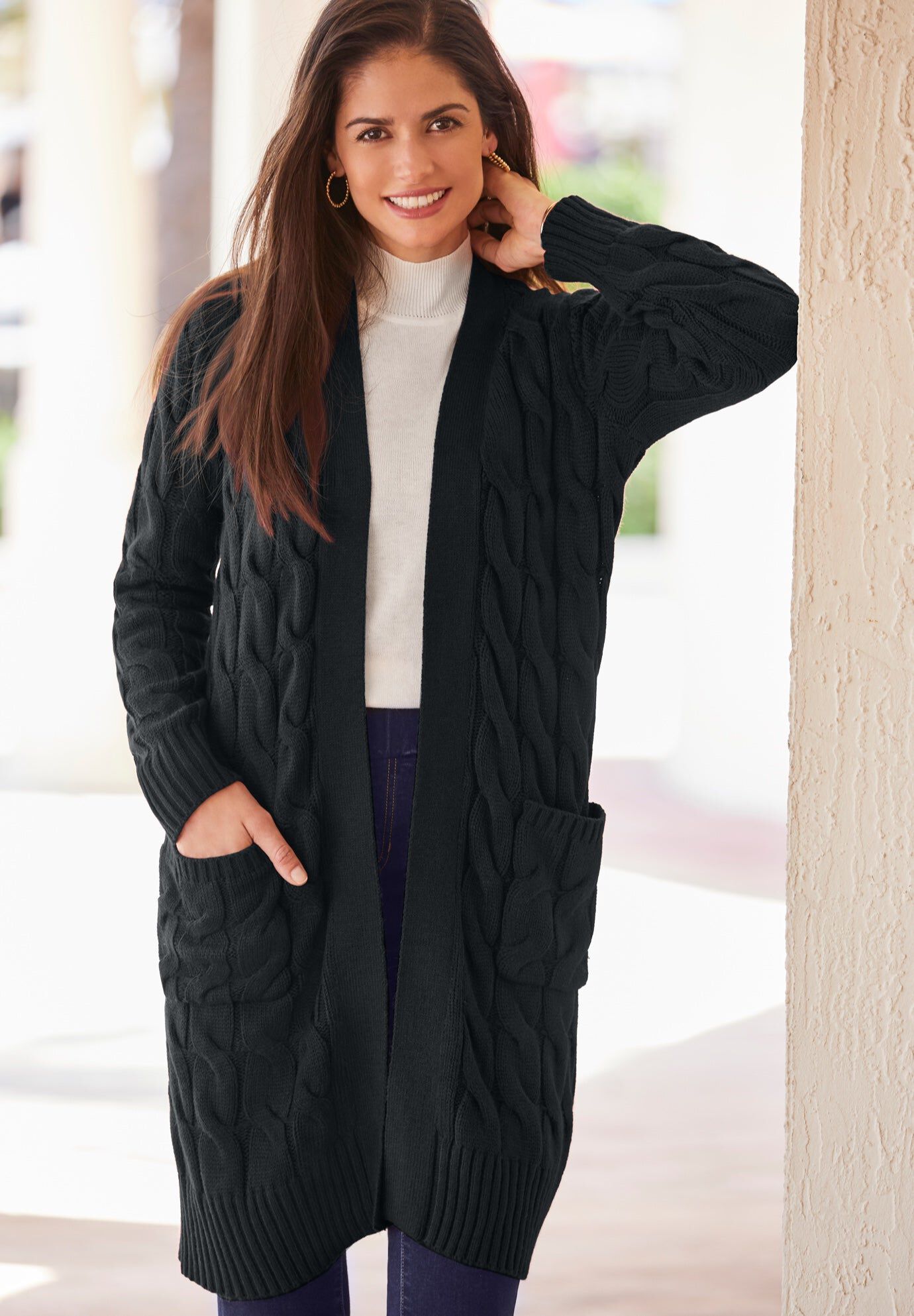 Cable Duster Sweater, BLACK, hi-res image number 0