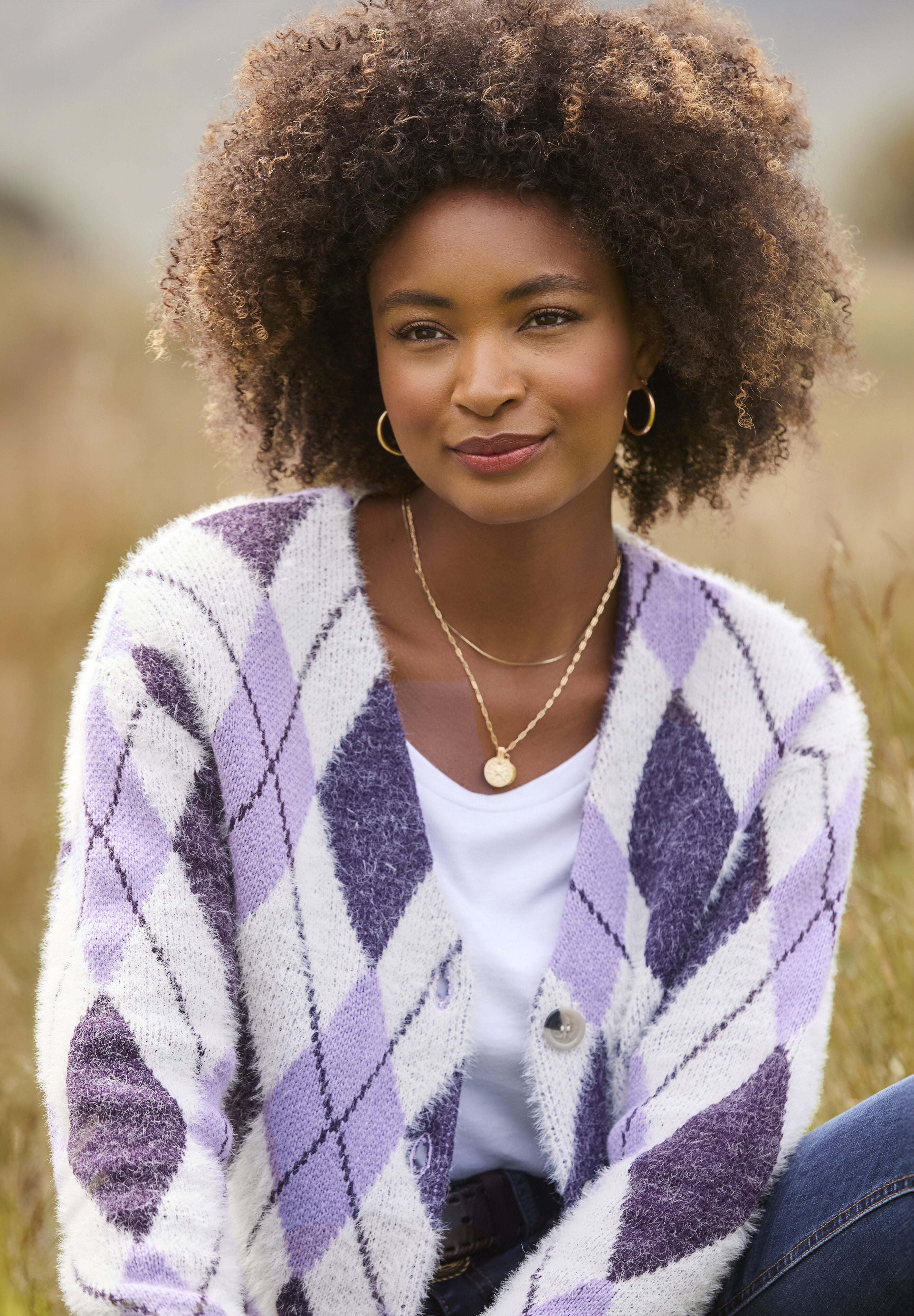 Fuzzy V-Neck Cardigan, VIOLET ARGYLE, alternate image number 4
