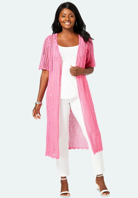 Scalloped Crochet Sweater Duster, ROYAL ROSE, hi-res image number null