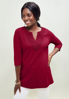 Stretch Cotton Crochet Notch Neck Tunic
