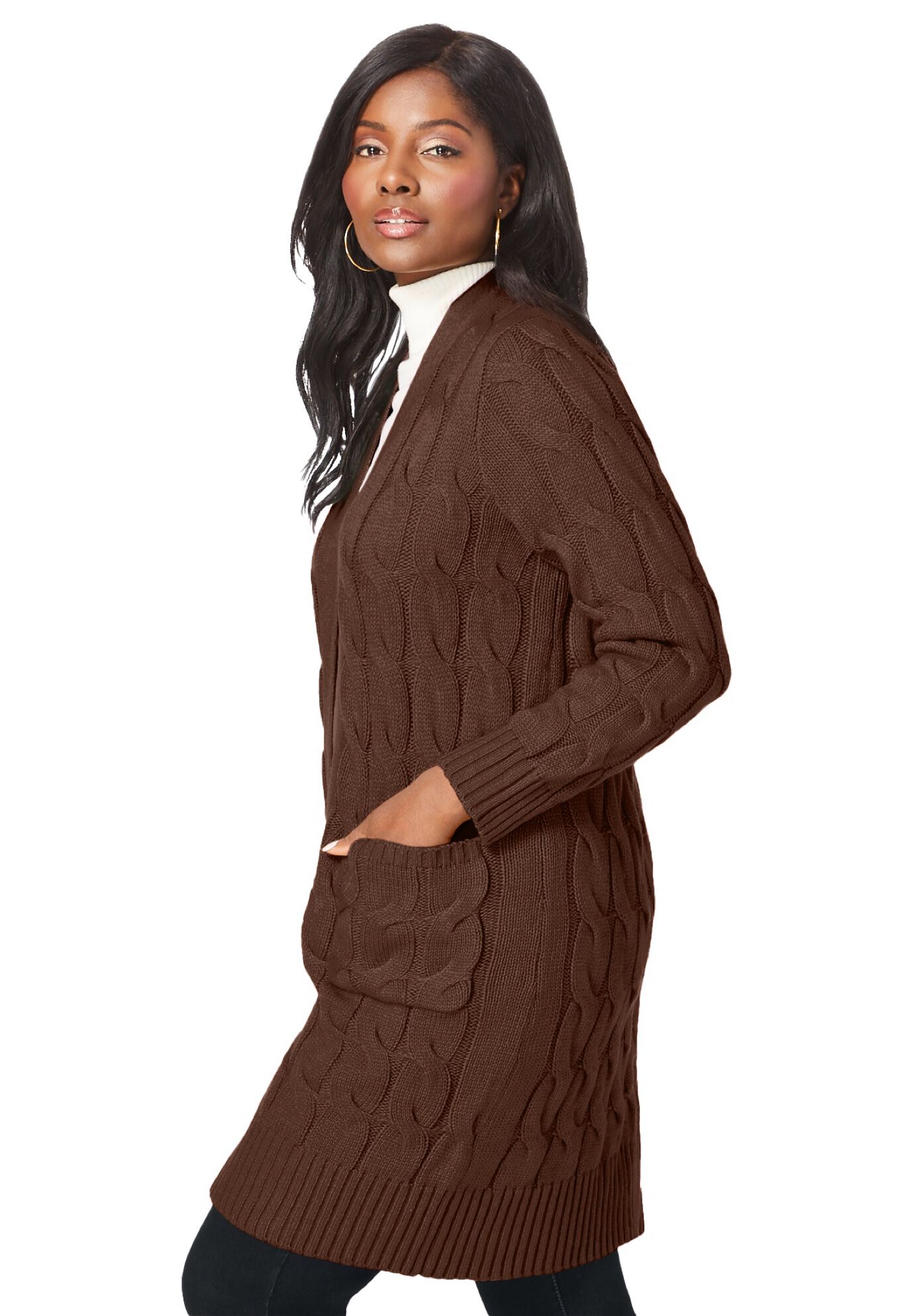 Cable Duster Sweater, RICH BROWN, alternate image number 3