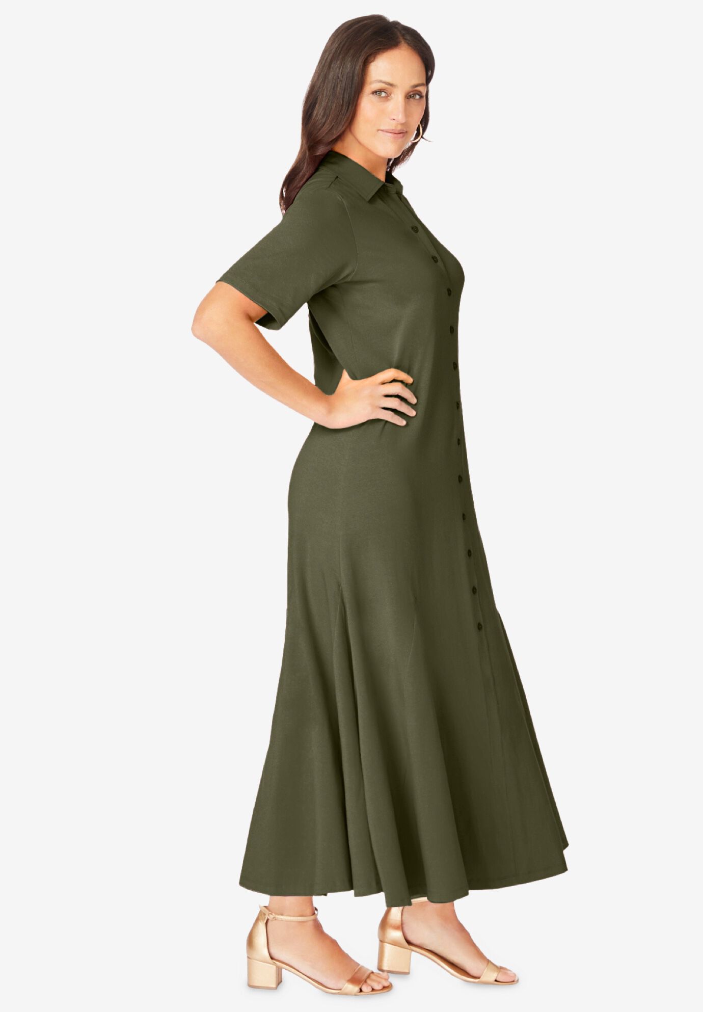 Stretch Cotton Button Front Maxi Dress, DARK OLIVE GREEN, alternate image number 2