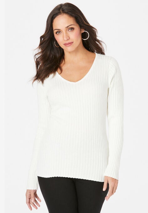 V-Neck Ribbed Sweater, IVORY, hi-res image number null