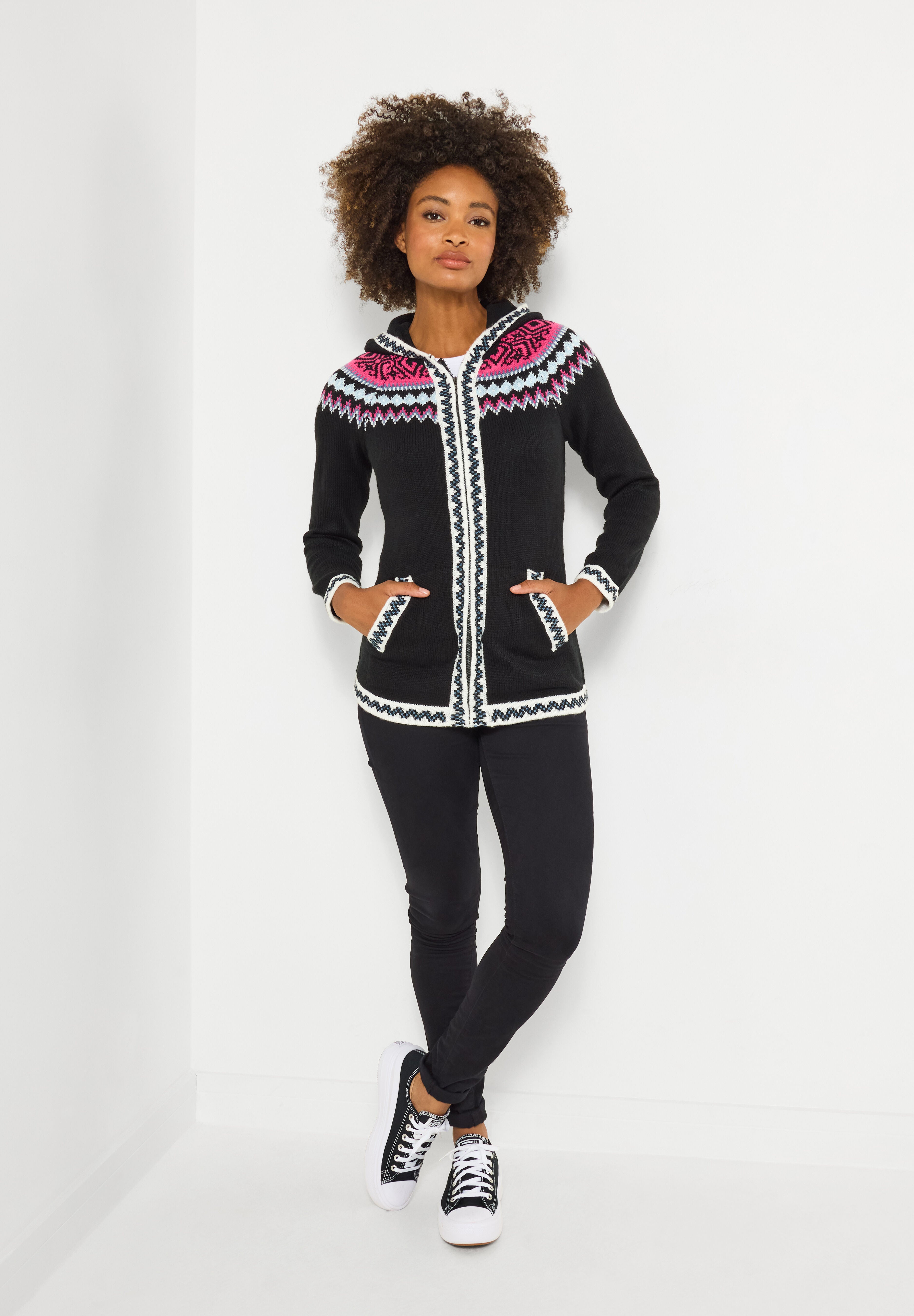 Fair Isle Drawstring V-Neck Zip Hoodie, BLACK FAIRISLE, alternate image number 5