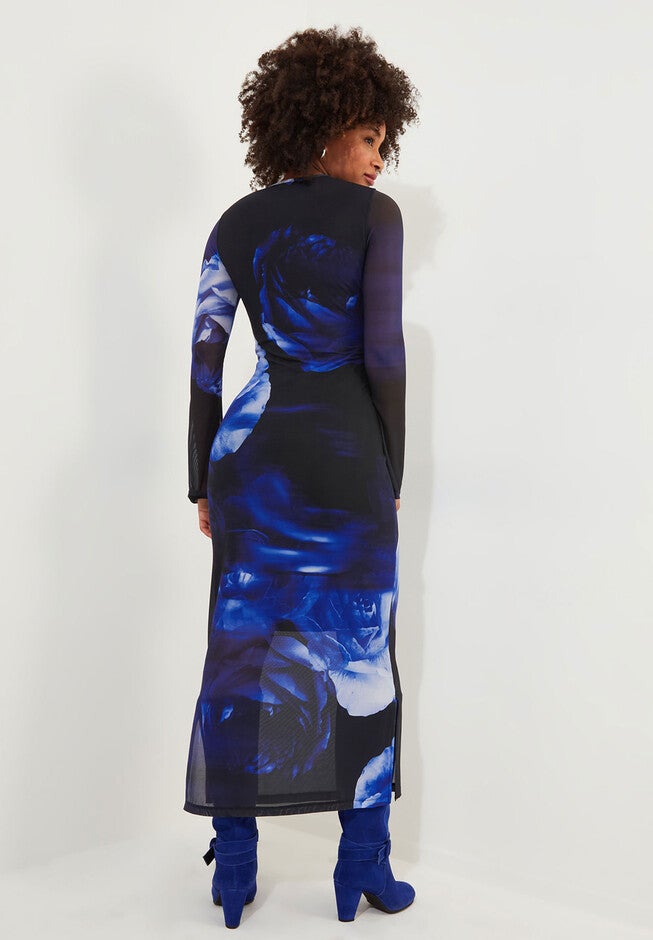 Stretch Mesh Midi Dress, SAPPHIRE BLOOM, on-hover image number 1