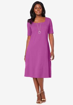 Stretch Cotton Square Neck Midi Dress