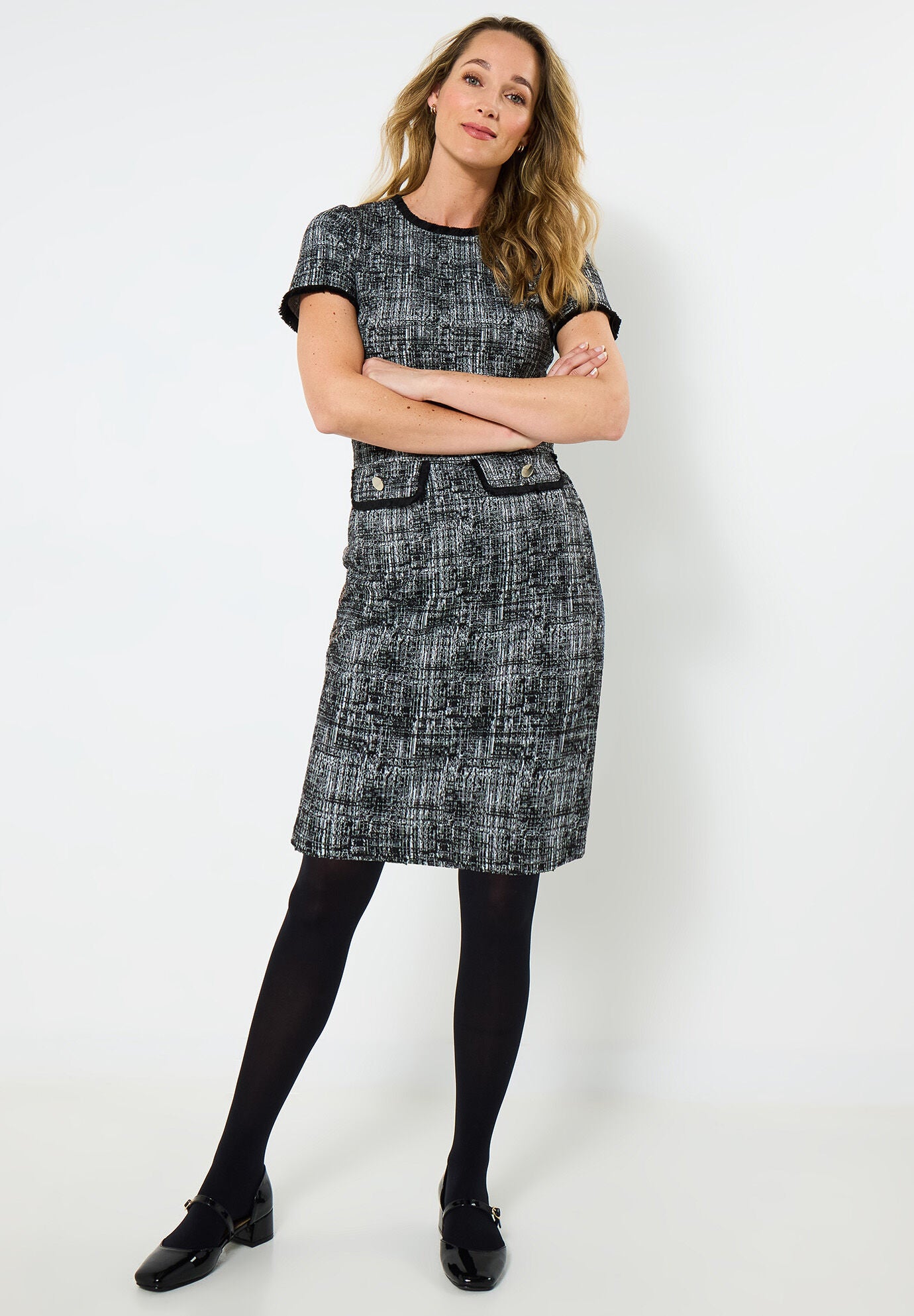Stretch Tweed Shift Dress, BLACK GRAPHIC TWEED, on-hover image number 1